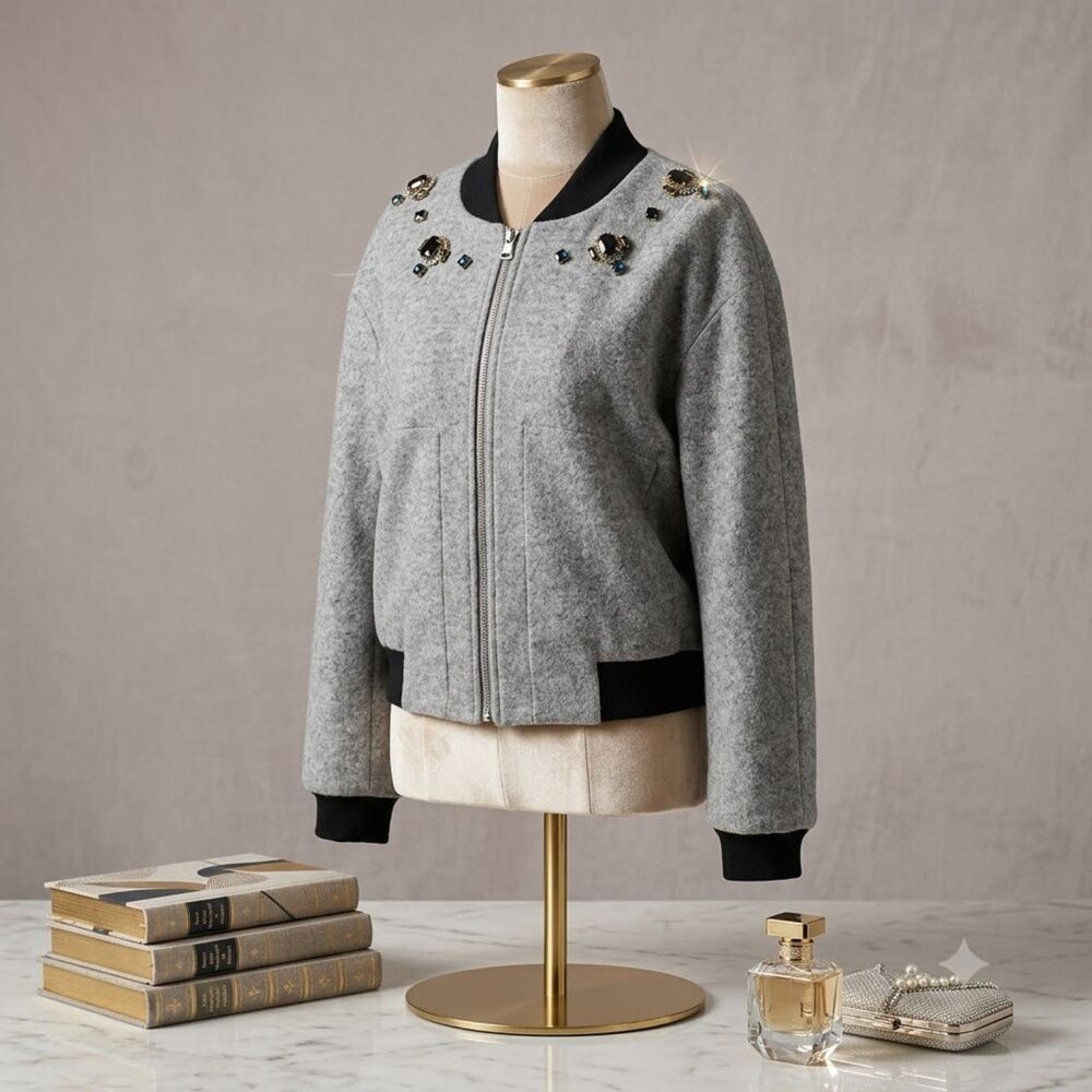 Mo & Co Gray Wool Blend Gemstone Bomber Jacket Size XS Rhinestone Zip